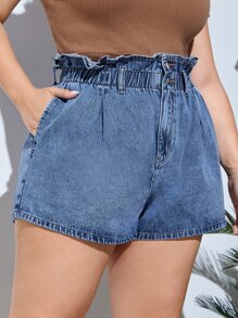 SHEIN Essnce Plus Paperbag Waist Denim Shorts - Medium Wash - View 4