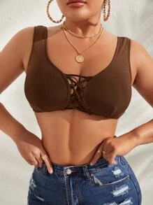 條紋針織前交叉比基尼泳裝上衣 - 咖啡棕 - 查看 3