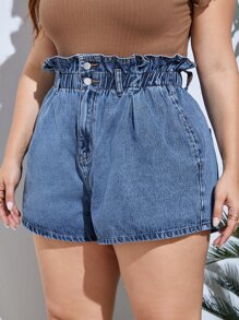 SHEIN Essnce Plus Paperbag Waist Denim Shorts - Medium Wash - View 5