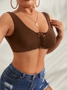 條紋針織前交叉比基尼泳裝上衣 - 咖啡棕 - 查看 4