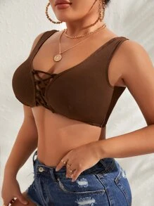 條紋針織前交叉比基尼泳裝上衣 - 咖啡棕 - 查看 5