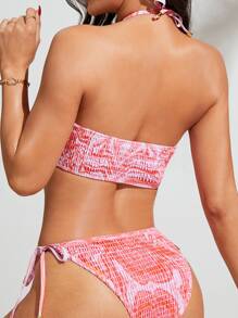 Allover Print Smocked Halter Summer Beach Bikini Set - Multicolor - View 2