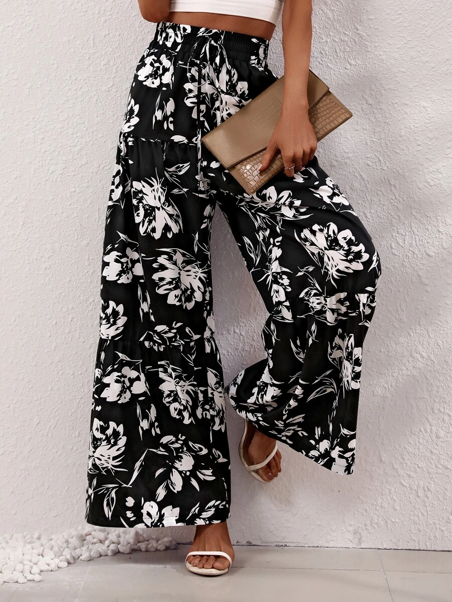 Chiquease Floral Print Knot Front Wide Leg Trousers - Black - View 1