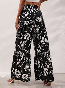 Chiquease Floral Print Knot Front Wide Leg Trousers - Black - View 2