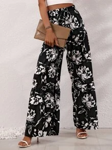 Chiquease Floral Print Knot Front Wide Leg Trousers - Black - View 4