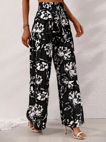 Chiquease Floral Print Knot Front Wide Leg Trousers - Black - View 5