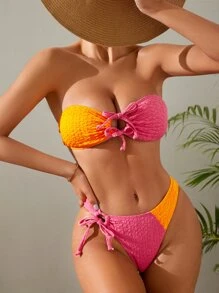 Color Block Tie Front Bandeau Summer Beach Bikini Set - Multicolor - View 1