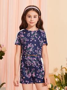 Girls Floral Print Contrast Side Seam Tee & Shorts - Navy Blue - View 1