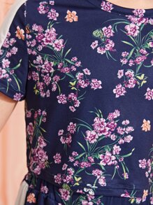 Girls Floral Print Contrast Side Seam Tee & Shorts - Navy Blue - View 3