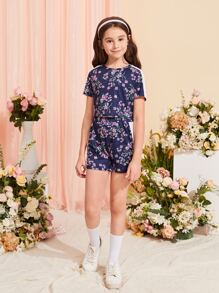 Girls Floral Print Contrast Side Seam Tee & Shorts - Navy Blue - View 5