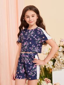 Girls Floral Print Contrast Side Seam Tee & Shorts - Navy Blue - View 6