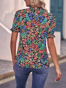 SHEIN LUNE 滿版印花泡泡袖襯衫 - 黑色 - 查看 2