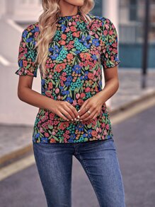 SHEIN LUNE 滿版印花泡泡袖襯衫 - 黑色 - 查看 4