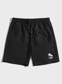 Manfinity VCAY 男士椰樹印花束腰短褲，寬鬆實穿的度假海灘休閒板短褲 - 黑色 - 查看 3