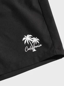 Manfinity VCAY 男士椰樹印花束腰短褲，寬鬆實穿的度假海灘休閒板短褲 - 黑色 - 查看 4