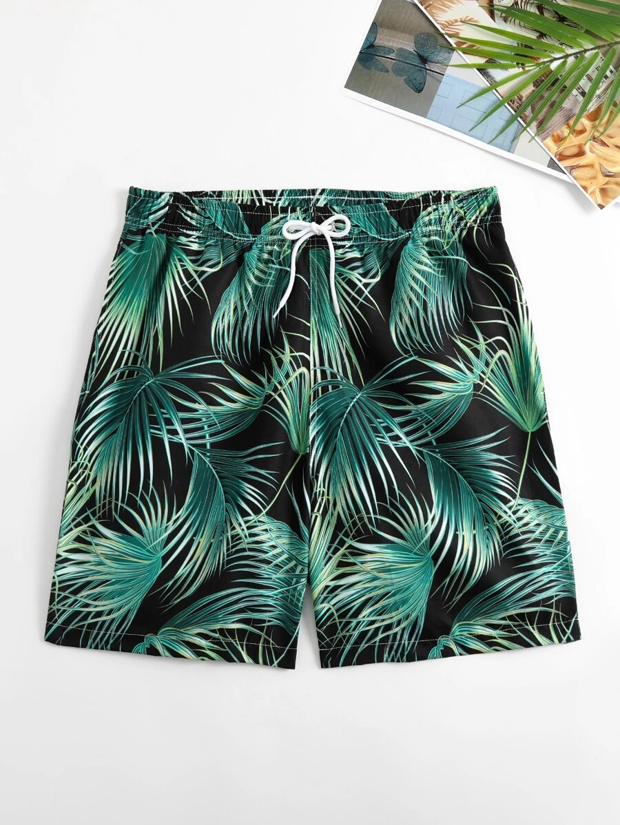 Manfinity Hombres Shorts de natación con estampado tropical de cintura con cordón - Multicolor - Ver 1
