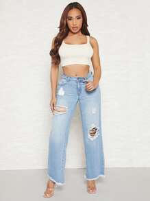 SHEIN SXY High Waist Ripped Raw Hem Straight Leg Jeans - Light Wash - View 2