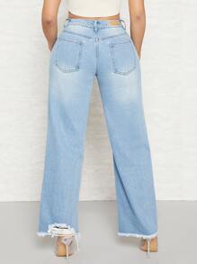 SHEIN SXY High Waist Ripped Raw Hem Straight Leg Jeans - Light Wash - View 3