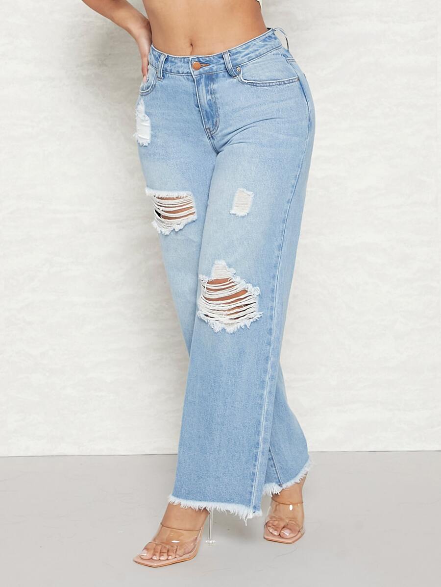 SHEIN SXY High Waist Ripped Raw Hem Straight Leg Jeans - Light Wash - View 1