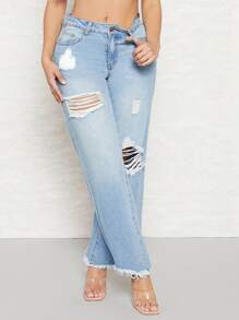 SHEIN SXY High Waist Ripped Raw Hem Straight Leg Jeans - Light Wash - View 4