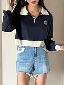 DAZY Sudadera con estampado de letra de color combinado de hombros caídos - Azul Marino - Ver 2