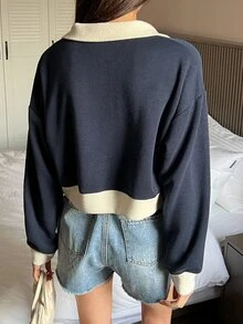 DAZY Sudadera con estampado de letra de color combinado de hombros caídos - Azul Marino - Ver 5