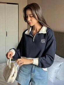 DAZY Sudadera con estampado de letra de color combinado de hombros caídos - Azul Marino - Ver 6