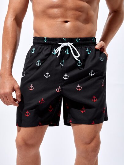 Guys Anchor Print Drawstring Waist Swim Trunks