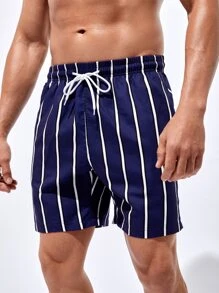 Manfinity Hombres Shorts con estampado de rayas de cintura con cordón - Azul Marino - Ver 4