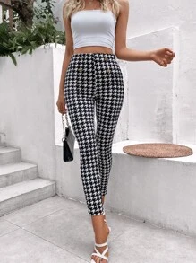 SHEIN Essnce Houndstooth Print Skinny Trousers - Black and White - View 3