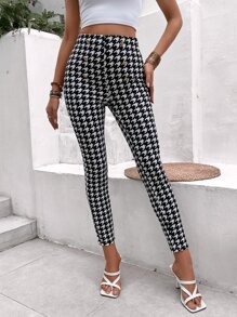 SHEIN Essnce Houndstooth Print Skinny Trousers - Black and White - View 6