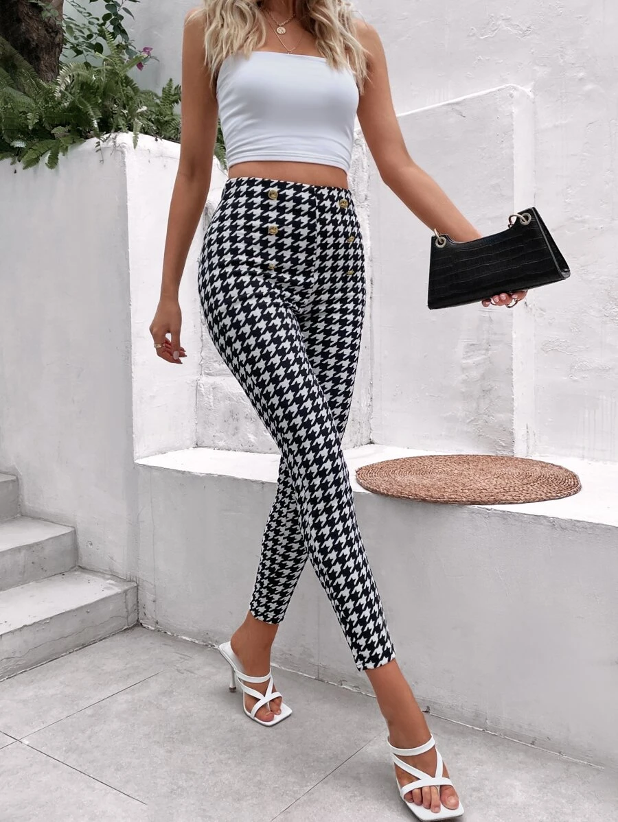 SHEIN Essnce Houndstooth Print Skinny Trousers - Black and White - View 1