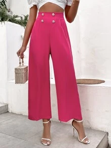 SHEIN Privé Pantalones de pierna ancha de talle alto con botón falso - Rosa Fucsia - Ver 5