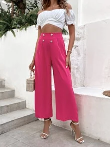 SHEIN Privé Pantalones de pierna ancha de talle alto con botón falso - Rosa Fucsia - Ver 1