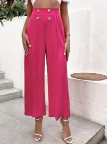 SHEIN Privé Pantalones de pierna ancha de talle alto con botón falso - Rosa Fucsia - Ver 3