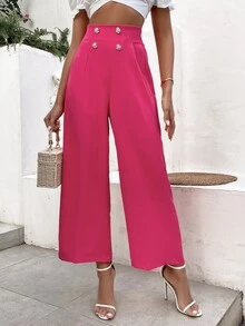 SHEIN Privé Pantalones de pierna ancha de talle alto con botón falso - Rosa Fucsia - Ver 2