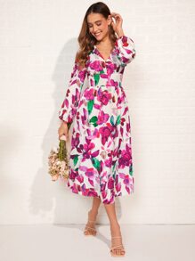 SHEIN Clasi 印花燈籠袖連衣裙 - 彩色 - 查看 1