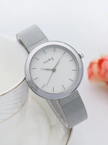 Đồng hồ đeo tay thạch anh hình tròn có dây đeo dạng lưới - Bạc - Xem 1