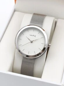 Đồng hồ đeo tay thạch anh hình tròn có dây đeo dạng lưới - Bạc - Xem 2