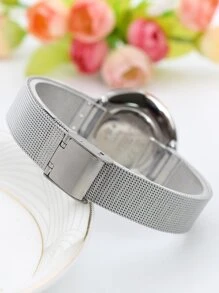 Đồng hồ đeo tay thạch anh hình tròn có dây đeo dạng lưới - Bạc - Xem 3