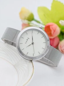 Đồng hồ đeo tay thạch anh hình tròn có dây đeo dạng lưới - Bạc - Xem 4
