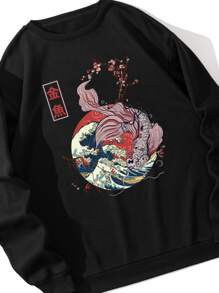 男士錦鯉魚和波浪印花加絨內裏套頭衫 - 黑色 - 查看 3