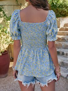 SHEIN VCAY 碎花方領泡泡袖荷葉邊下擺襯衫 - 藍色 - 查看 2