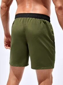 Manfinity Hombres Shorts de natación de cintura con cordón - Verde militar - Ver 2