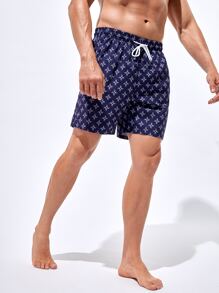 Manfinity Hombres Shorts de natación con estampado de paisley de cintura con cordón - Azul Marino - Ver 4