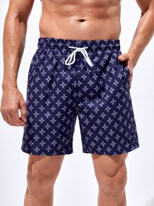 Manfinity Hombres Shorts de natación con estampado de paisley de cintura con cordón - Azul Marino - Ver 6