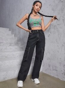 Top-stitching Flap Pocket Cargo Jeans - Black - View 2