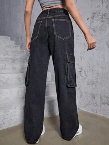 Top-stitching Flap Pocket Cargo Jeans - Black - View 3