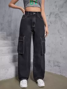 Top-stitching Flap Pocket Cargo Jeans - Black - View 1