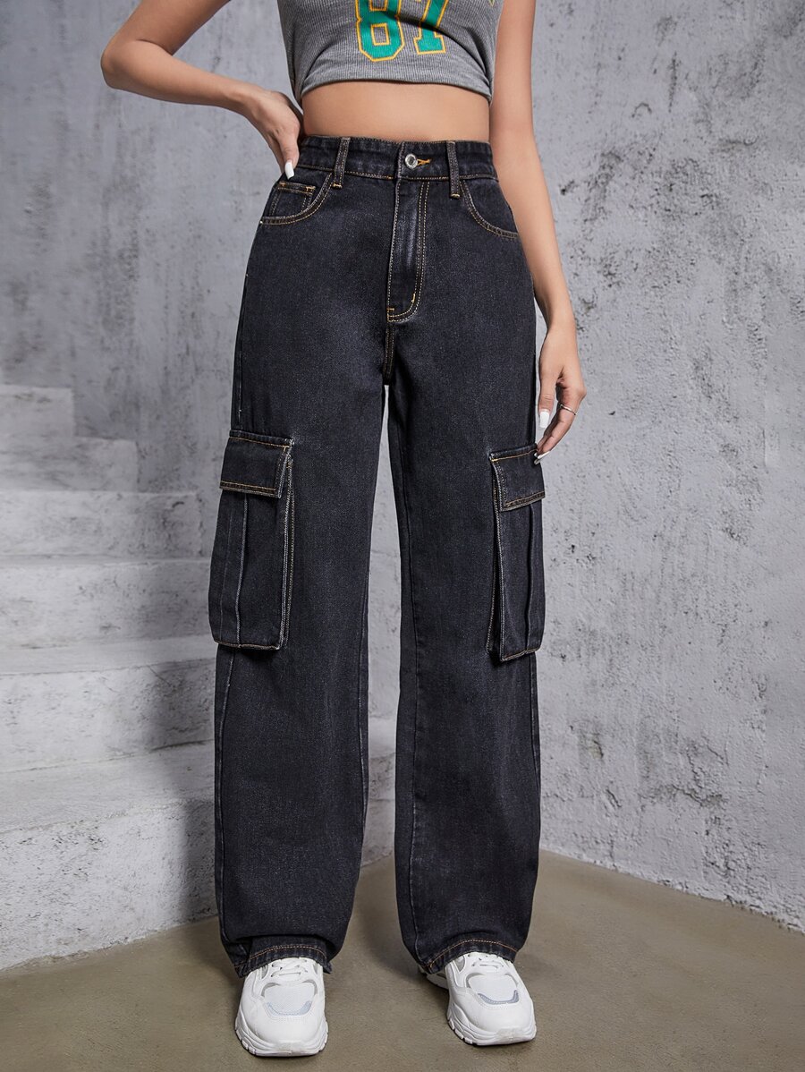 Top-stitching Flap Pocket Cargo Jeans - Black - View 1